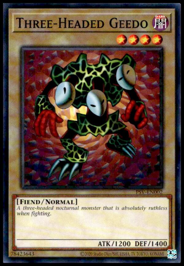Yu-Gi-Oh! 25th Anniversary Edition: Three-Headed Geedo card #PSV-EN002 (2023 release, front view).