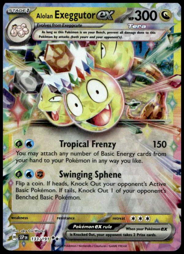Alolan Exeggutor GX Pokémon card: holographic, 300 HP, Tropical Frenzy, strategic gameplay, collectible.
