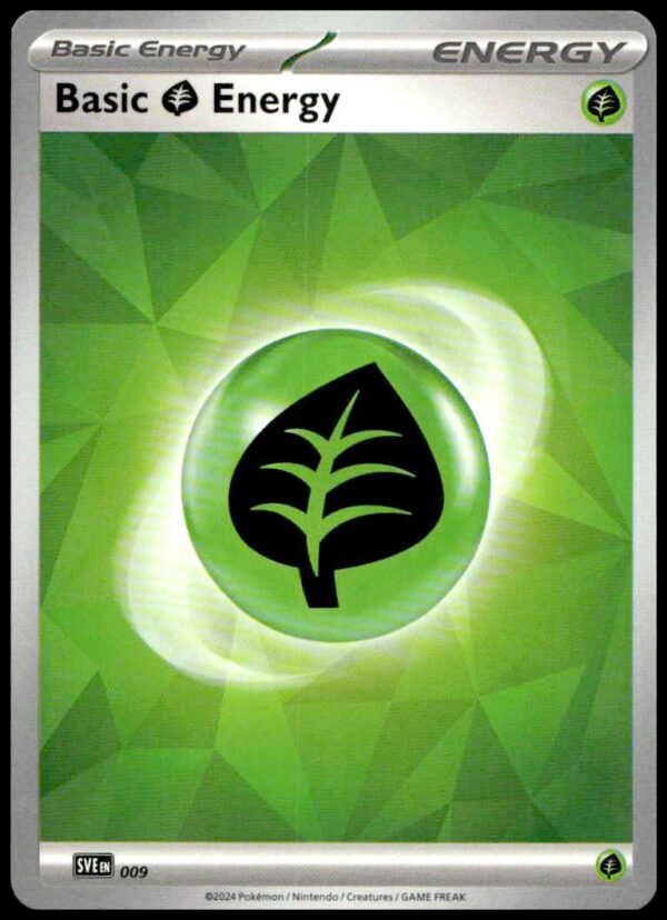 2024 Pokémon TCG Scarlet & Violet Grass Energy card with black leaf icon and geometric design.