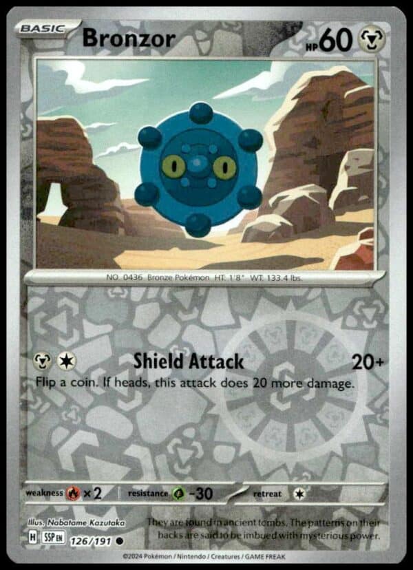 Reverse Holo Bronzor card from 2024 Scarlet & Violet: Surging Sparks set, #126/191.