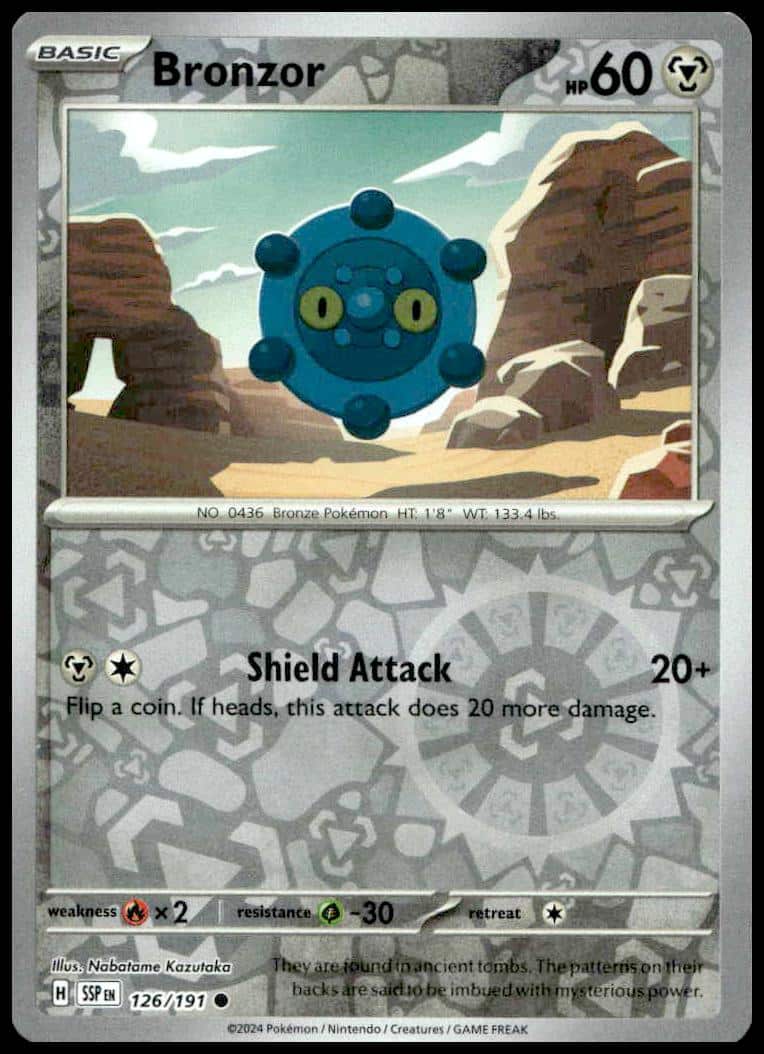 Reverse Holo Bronzor card from 2024 Scarlet & Violet: Surging Sparks set, #126/191.