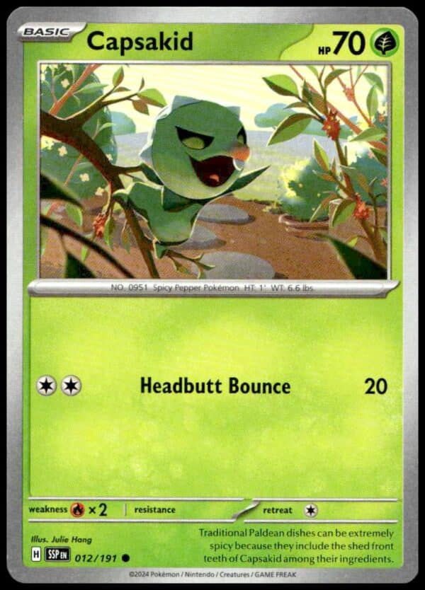 Capsakid Pokémon TCG card: Grass-type, 70 HP, Headbutt Bounce attack, card #010/197.