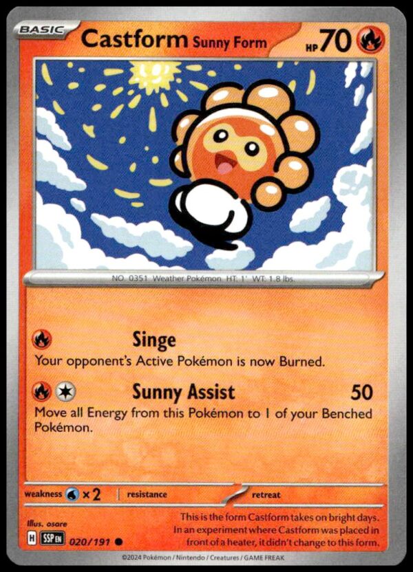 Castform Sunny Form Pokémon card, Fire-type, with sun-themed design and fiery attacks.
