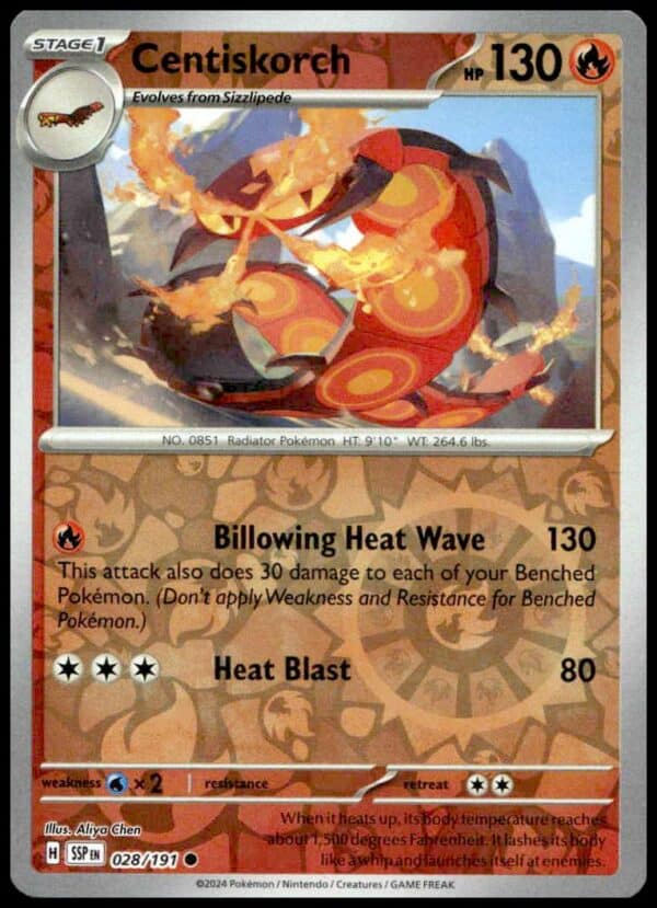 Centiskorch card from 2024 Scarlet & Violet: Surging Sparks, with 130 HP and fiery attacks.