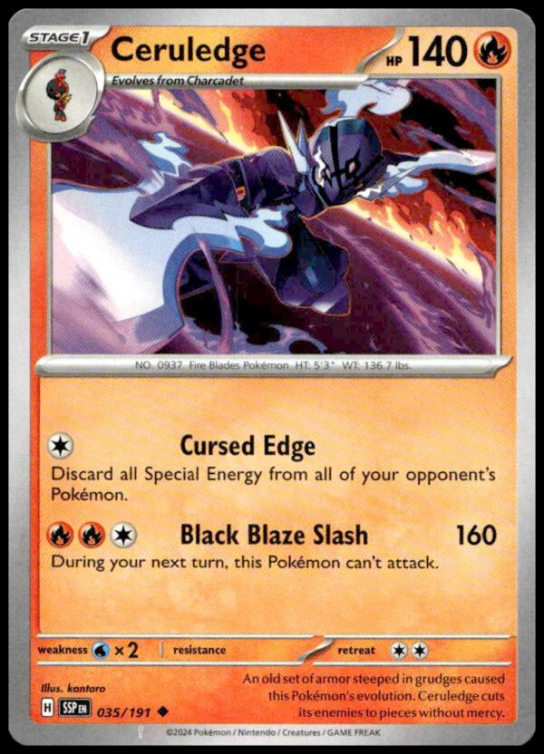 Ceruledge card with 140 HP, Fire-type, attacks: Cursed Edge, Black Blaze Slash; dynamic design.