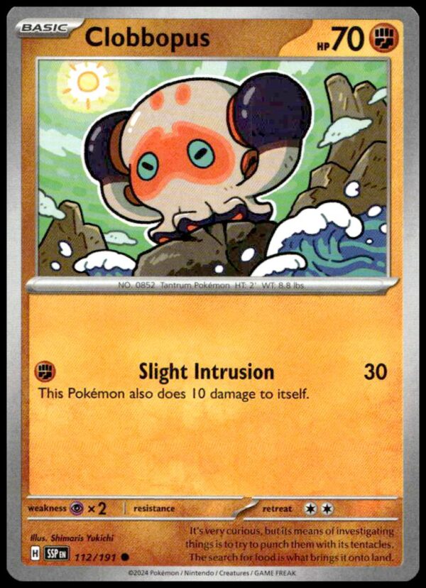 Clobbopus Pokémon card: Surging Sparks set, Fighting-type, 70 HP, Slight Intrusion attack.