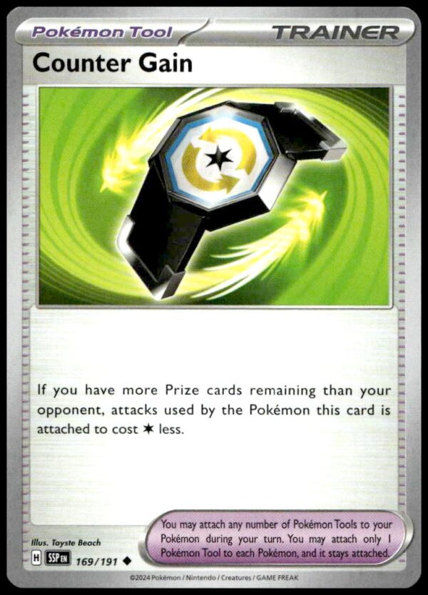 Pokémon TCG Counter Gain card, Surging Sparks, #169/191, strategic Trainer card with dynamic artwork.