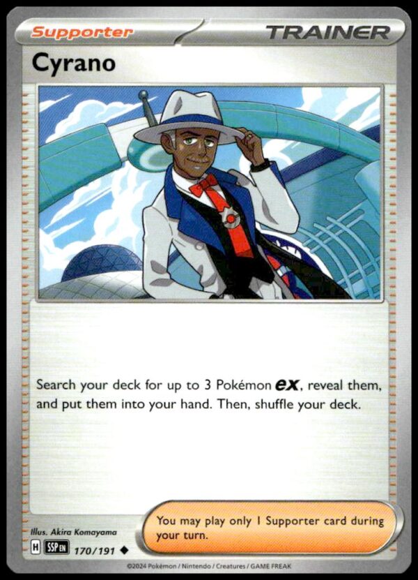 Cyrano Trainer Card from Pokémon TCGs 2024 Surging Sparks set, features deck search mechanics.