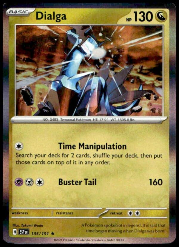 Dialga Holo Rare card from 2024 Pokémon Scarlet & Violet: Surging Sparks set with 130 HP.