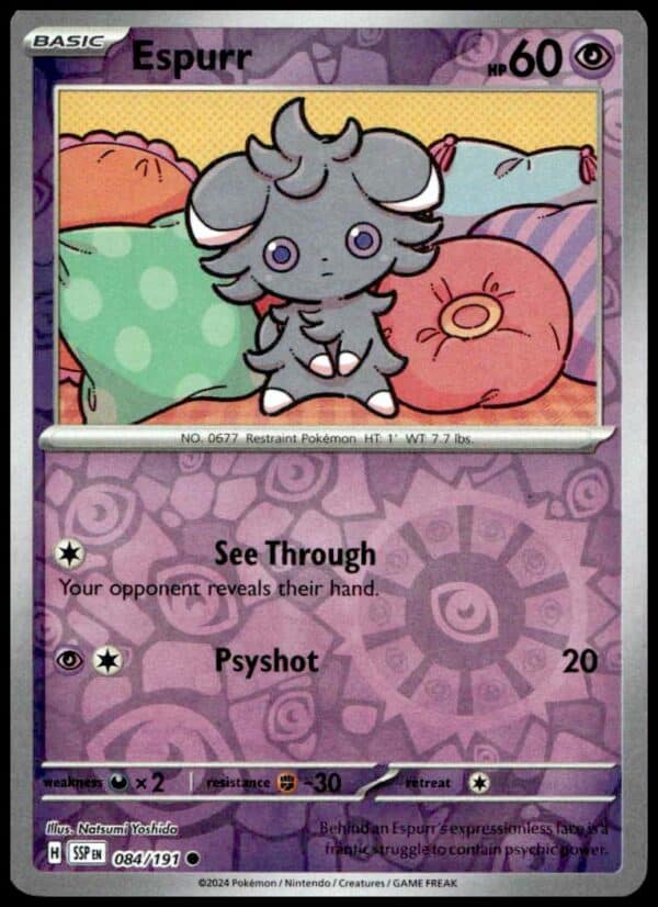 Espurr Pokémon Card: Surging Sparks 2024 with 60 HP, See Through, Psyshot attacks.