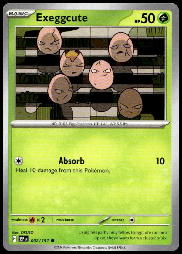 Exeggcute Pokémon Card: Surging Sparks 2024, #002/191, Grass-type, 50 HP, Absorb attack.