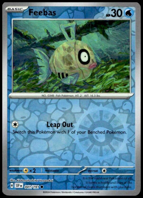 2024 Feebas Reverse Holo card: Water-type, 30 HP, Leap Out ability, underwater design.