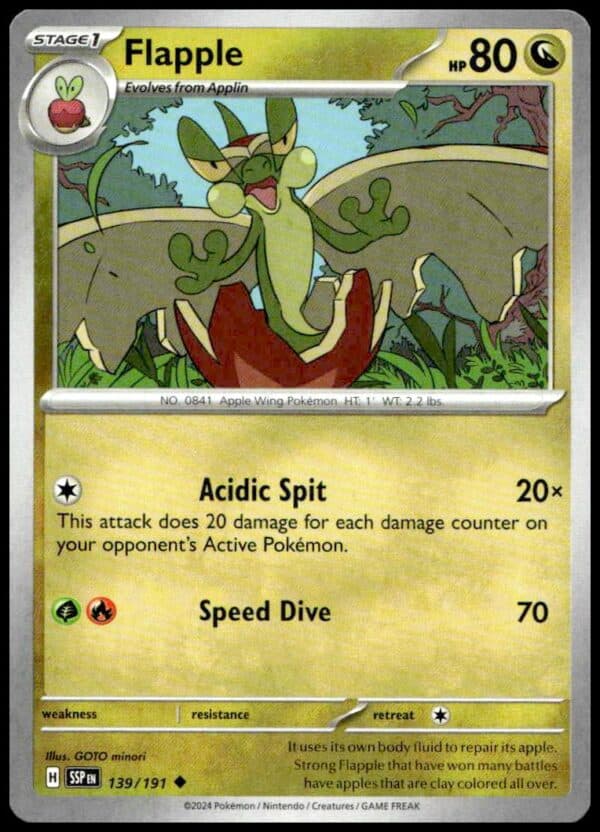 Flapple Pokémon Card from 2024 Surging Sparks, featuring dynamic artwork and battle details.