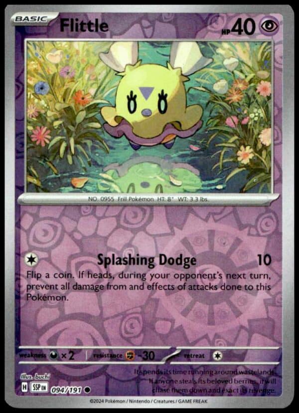 Flittle Reverse Holo Pokémon Card: Surging Sparks, 2024, 40 HP, Psychic-Type.