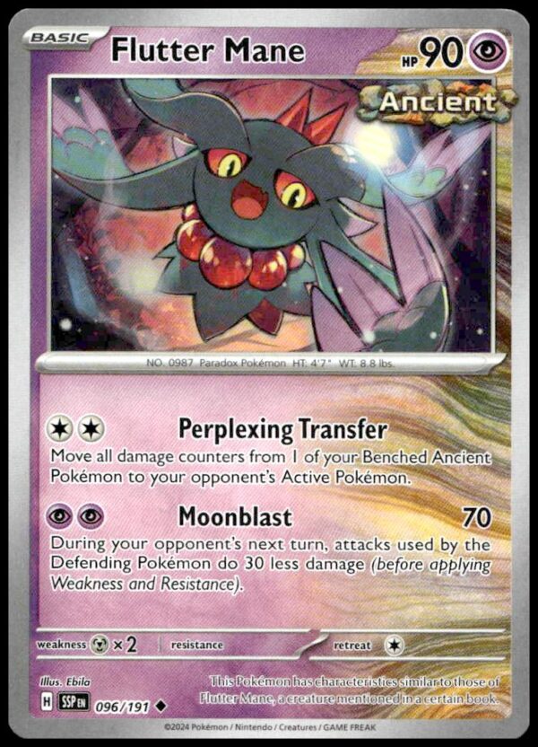Flutter Mane Pokémon card: Ancient type, 90 HP, holographic, Perplexing Transfer, Moonblast attacks.