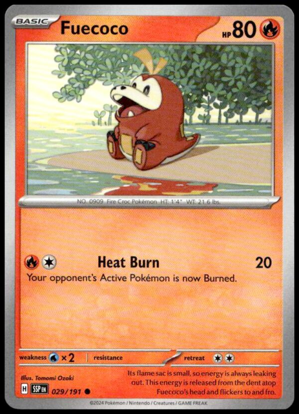 Fuecoco card from Surging Sparks set: 80 HP, Heat Burn attack, #029/191, Scarlet & Violet series.