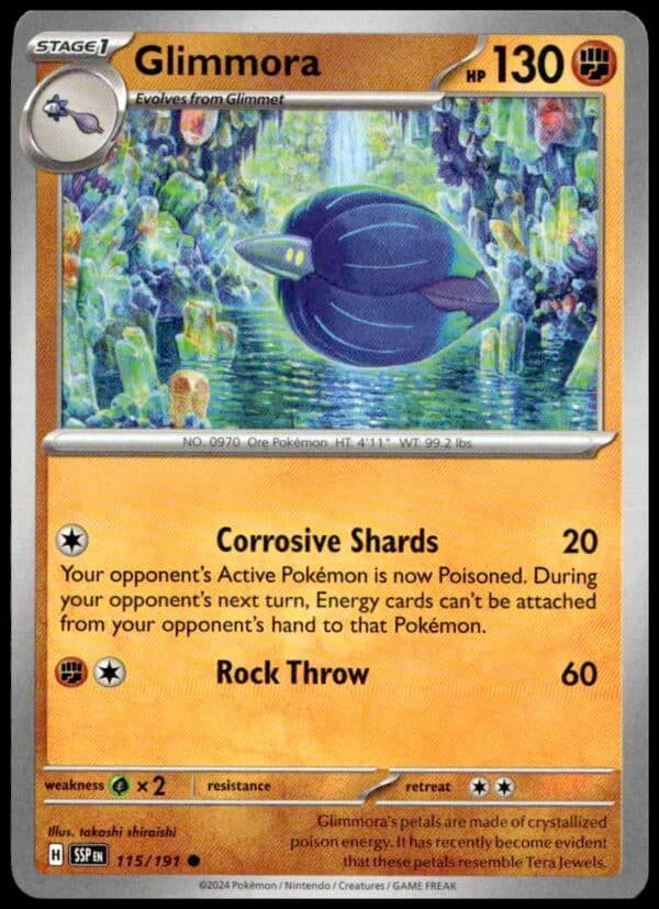Glimmora Pokémon card with crystal cave art, Fighting type, 130 HP, two attacks.