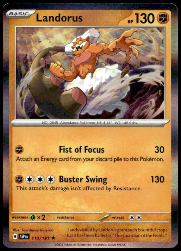 Landorus Pokémon card from 2024 TCG: 130 HP, Fist of Focus, Buster Swing attacks.