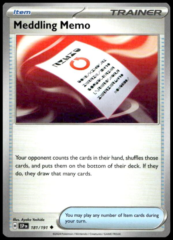 Meddling Memo Pokémon TCG card: disrupt opponents by revealing and reorganizing their cards.