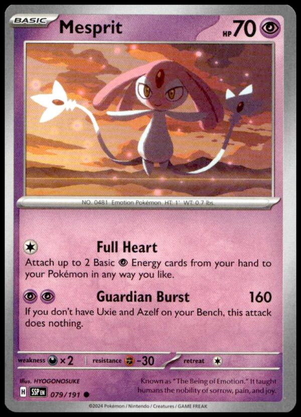 2024 Mesprit Pokémon Card: Scarlet & Violet Surging Sparks, featuring vibrant sunset artwork.