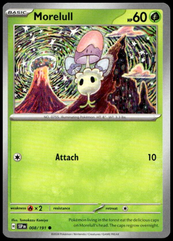 Morelull Pokémon card in a mystical environment, 60 HP, 2024 Surging Sparks series.