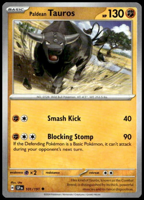 Paldean Tauros Pokémon card: 130 HP, Smash Kick, Blocking Stomp, Scarlet & Violet series.