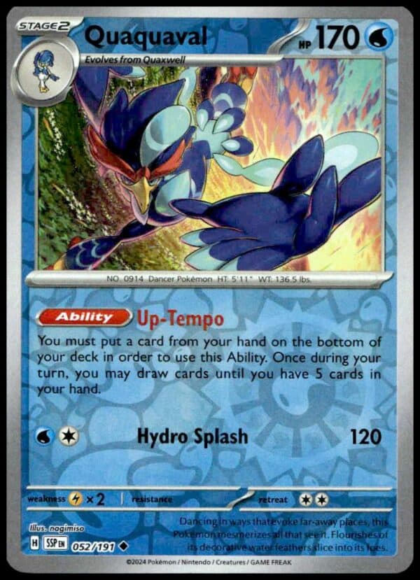 Quaquaval Pokémon Card: Surging Sparks Reverse Holo, 170 HP, 2024 Scarlet & Violet #052/191.