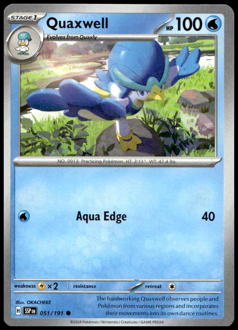 Quaxwell Pokémon card: 2024 Water-type, vibrant design, Aqua Edge attack, Scarlet & Violet set.