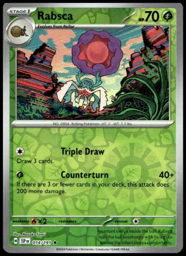 Rabsca Pokémon Card 2024: Grass-type, 70 HP, Triple Draw, Counterturn, Surging Sparks #014/191.