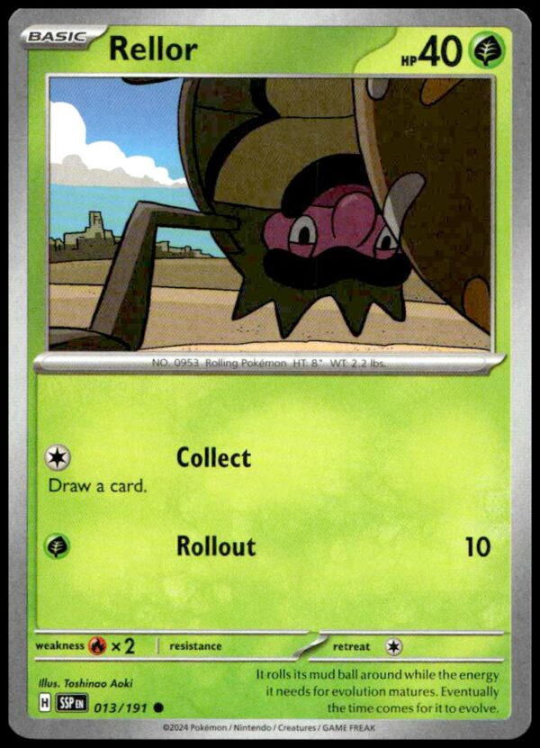 Rellor Pokémon card from Surging Sparks set, 40 HP, Grass-type, attacks: Collect, Rollout.