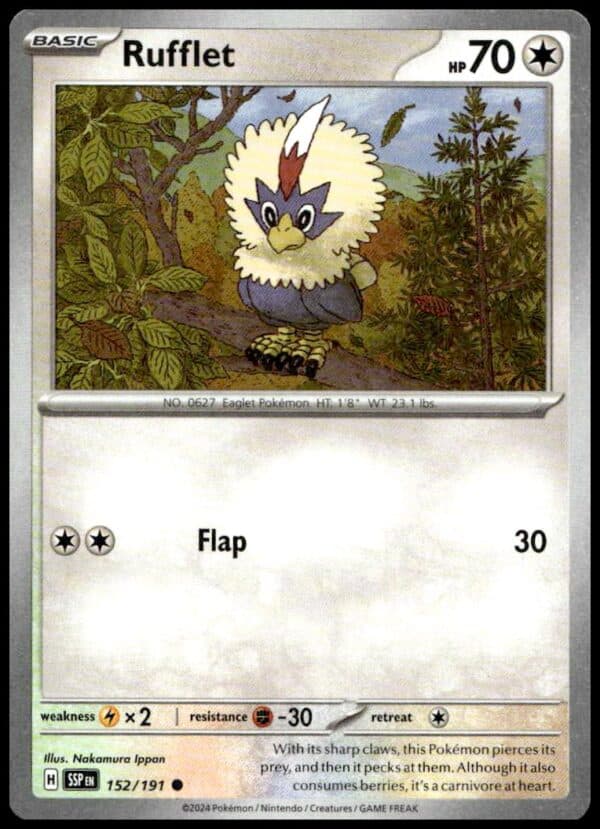 Rufflet Pokemon card, Surging Sparks series, 70 HP, forest background, #152/191.