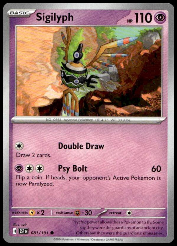 2024 Pokémon Scarlet & Violet Sigilyph card, Psychic-type, 110 HP, Double Draw, Psy Bolt attacks.