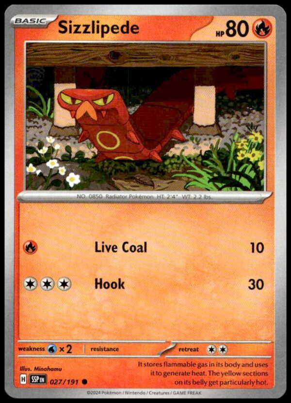 2024 Sizzlipede Pokémon Card: Fire-type, Scarlet & Violet Surging Sparks Set, 80 HP.