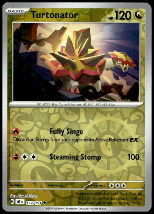 Turtonator Dragon-type Pokémon Card, Reverse Holo from Scarlet & Violet: Surging Sparks set.