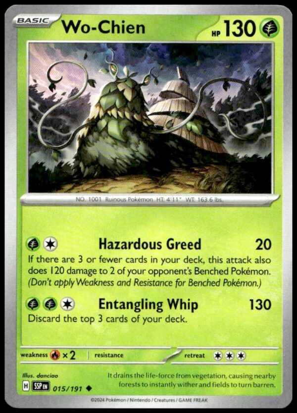 Mystical Wo-Chien Pokémon card with legendary attacks and powerful Grass-type abilities.