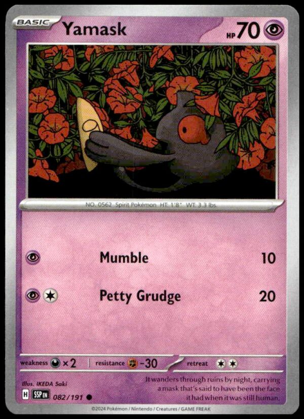 Yamask Pokémon card: Psychic type, 70 HP, Mumble and Petty Grudge attacks.
