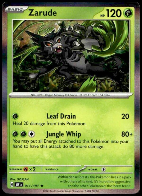 Zarude Pokémon card, 2024 Scarlet & Violet: Surging Sparks edition, featuring Leaf Drain and Jungle Whip.