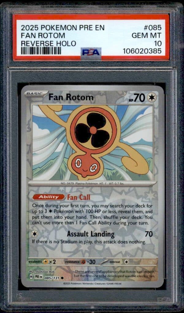 PSA 10 2010 Fan Rotom Pokémon card, holographic, in mint condition, graded, in protective case.