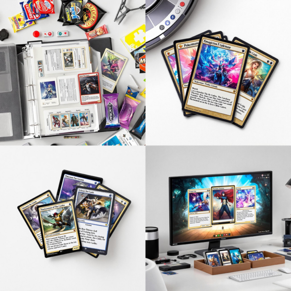 Collage of vintage and digital trading cards with contrasting textures and vibrant colors.