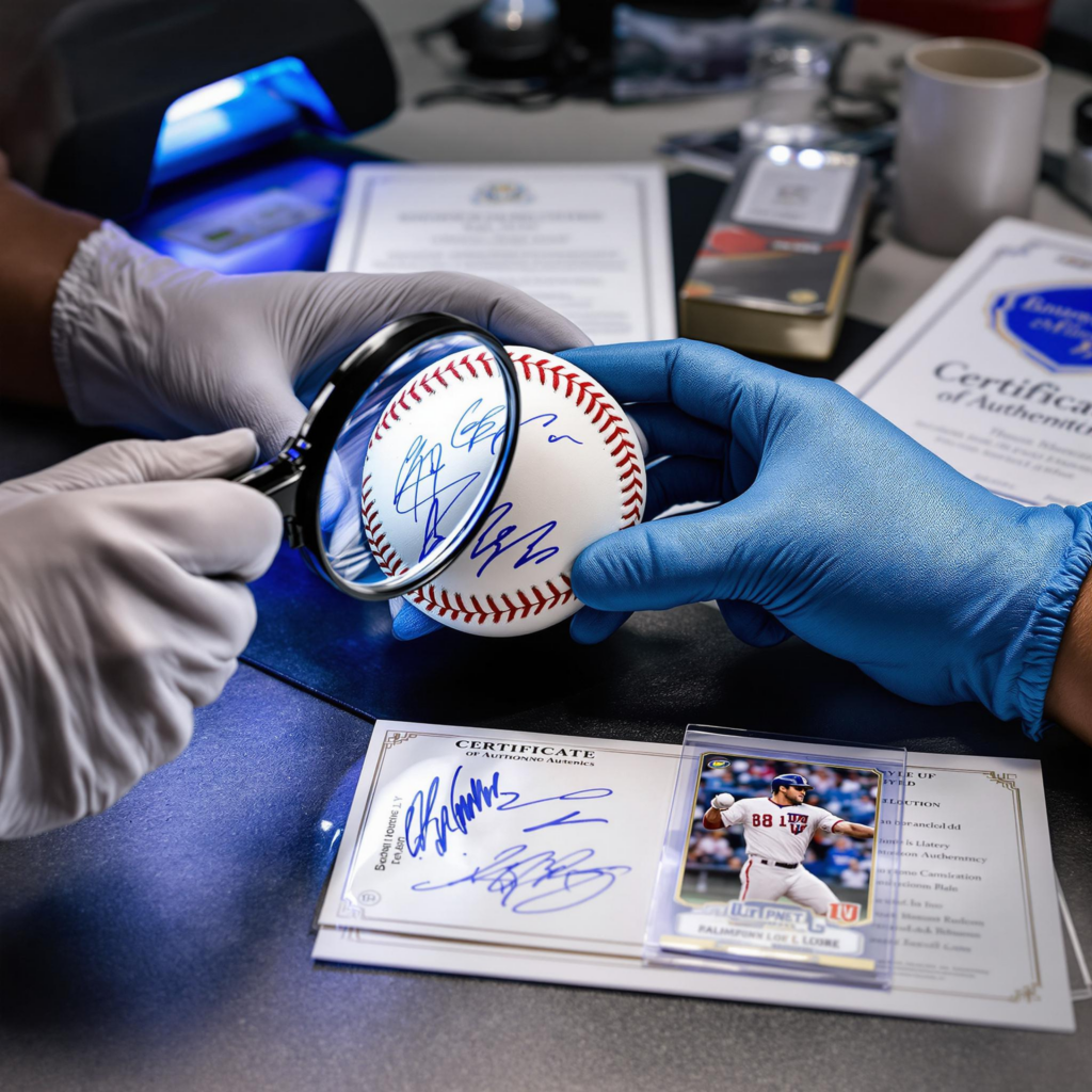 Collector examining signed baseball and card with magnifying glass on a professional desk.