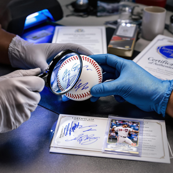 Collector examining signed baseball and card with magnifying glass on a professional desk.