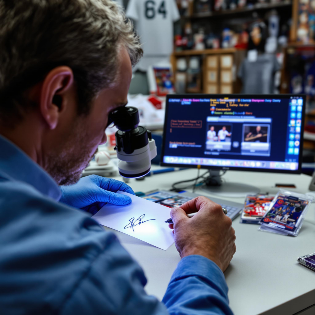 Professional authenticator examines sports autograph in lab with memorabilia and digital signature analysis.
