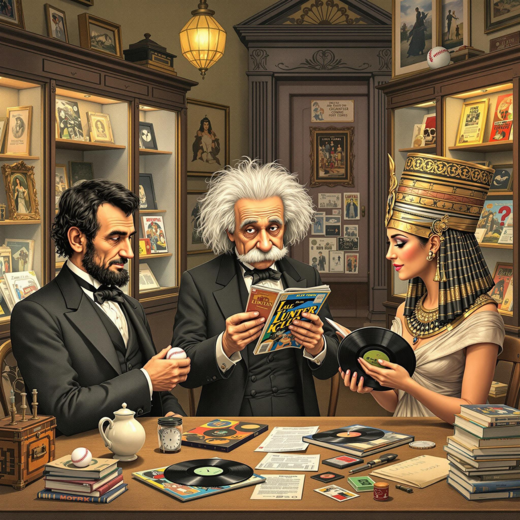 Historical icons interact with modern memorabilia in a whimsical, antique museum setting.