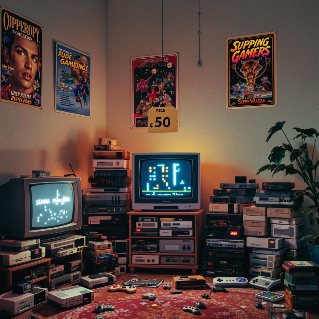 Retro gaming room with CRT TV, NES, SNES, Sega, cartridges, nostalgic posters, evolution timeline.