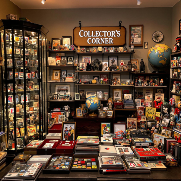 Cozy collectors room showcasing global treasures: cards, coins, comics, stamps, and cultural figurines.