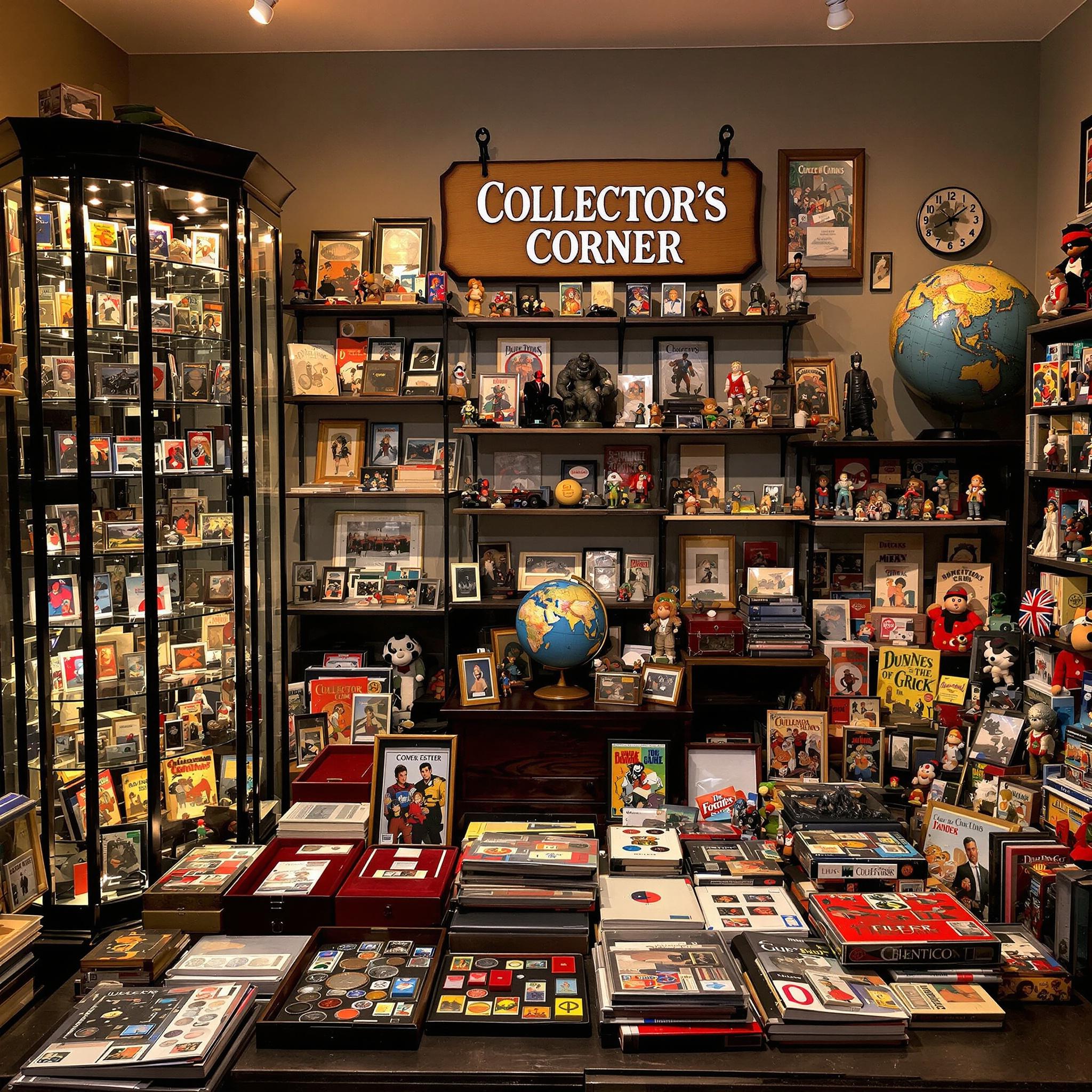Cozy collectors room showcasing global treasures: cards, coins, comics, stamps, and cultural figurines.