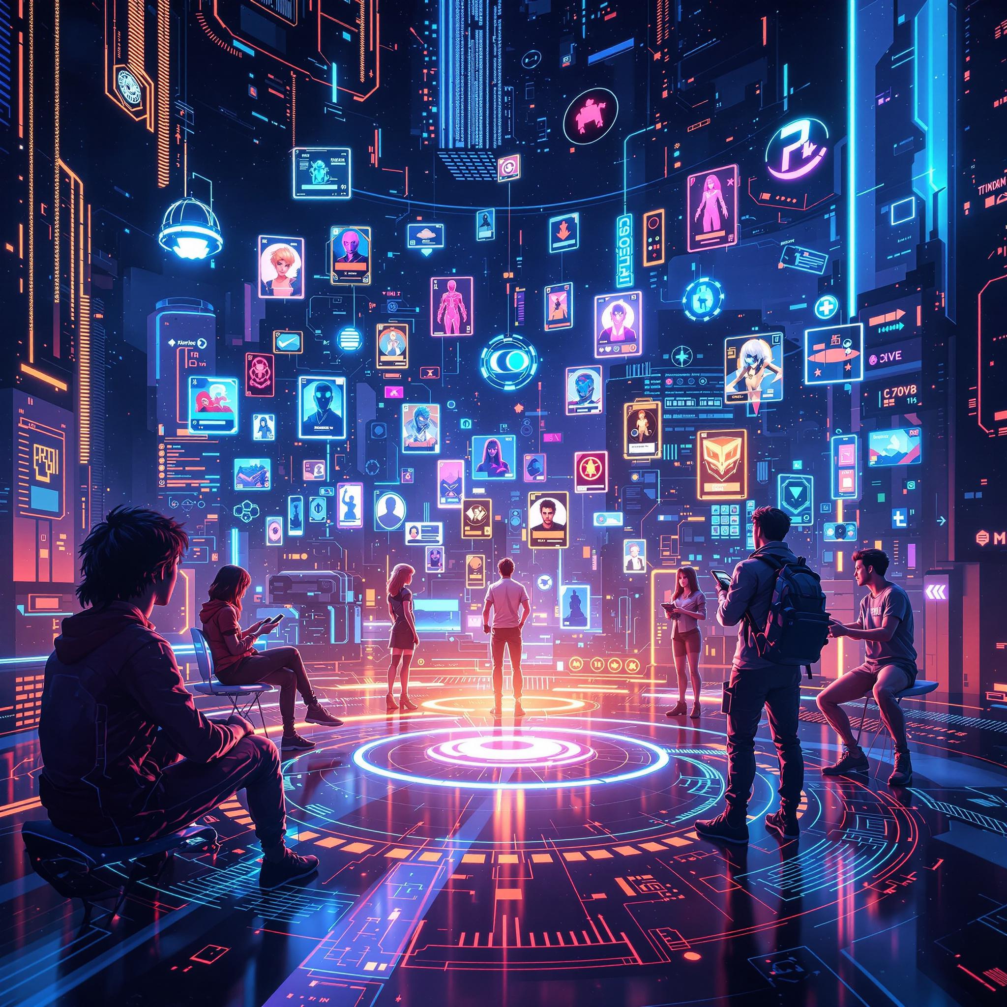 Gamers from various platforms interact in a neon-lit virtual world with digital collectibles.