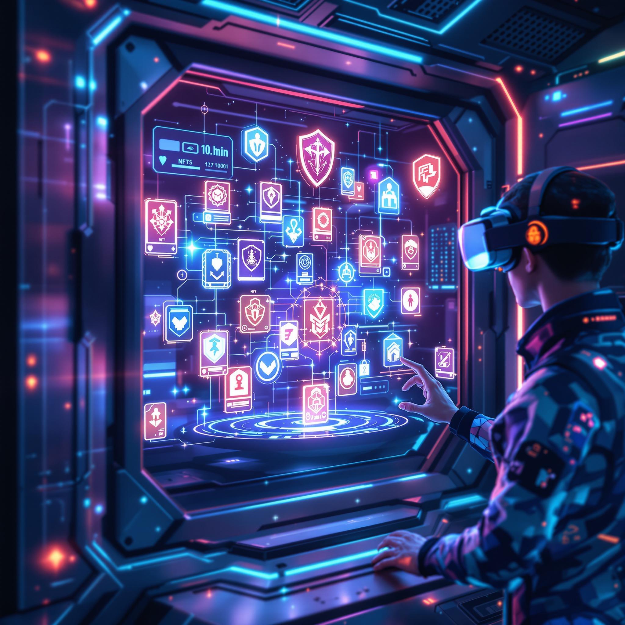 Futuristic digital vault with holographic collectibles, AR interaction, cyber-security, and blockchain symbols.
