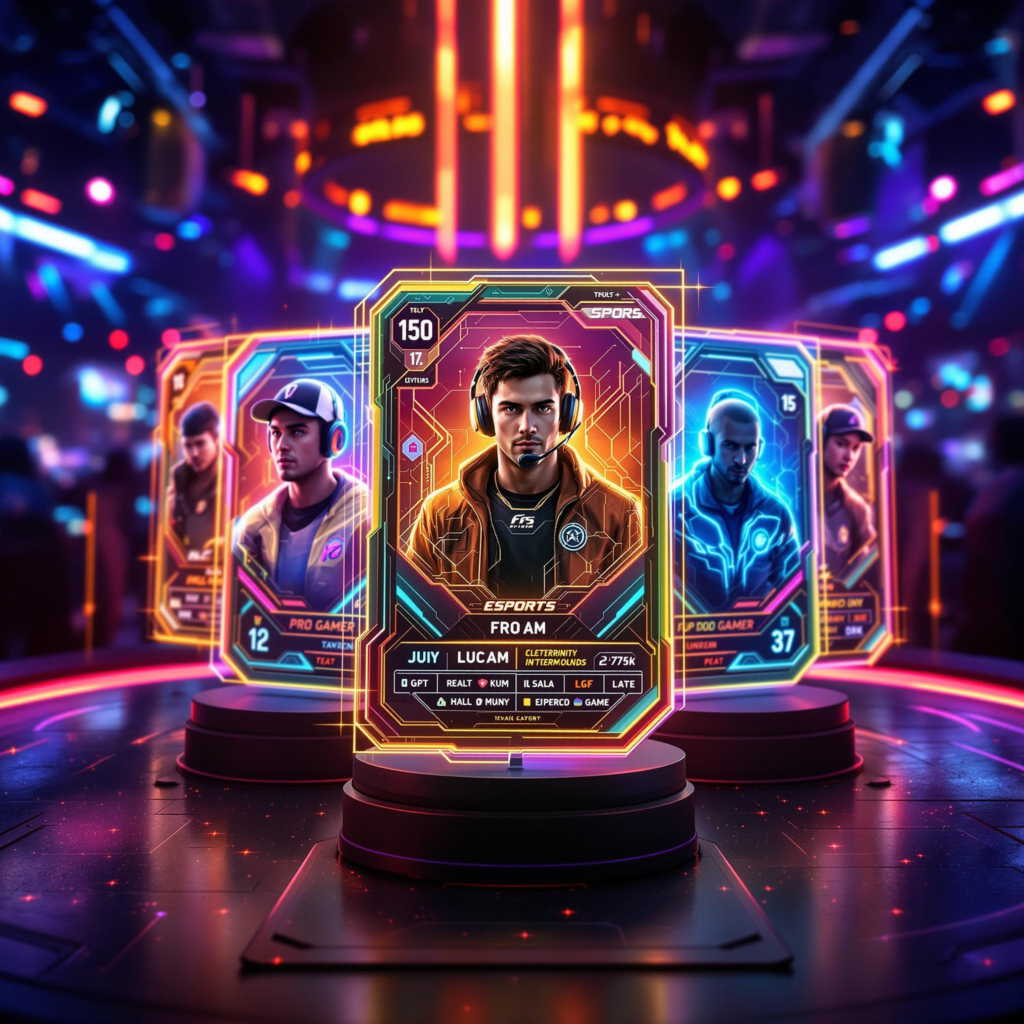 Futuristic eSports trading cards with neon lights, holographic effects, and digital gamer portraits.