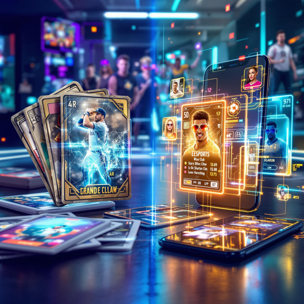 Futuristic trading card evolution featuring vintage collectibles and digital innovations in AR settings.